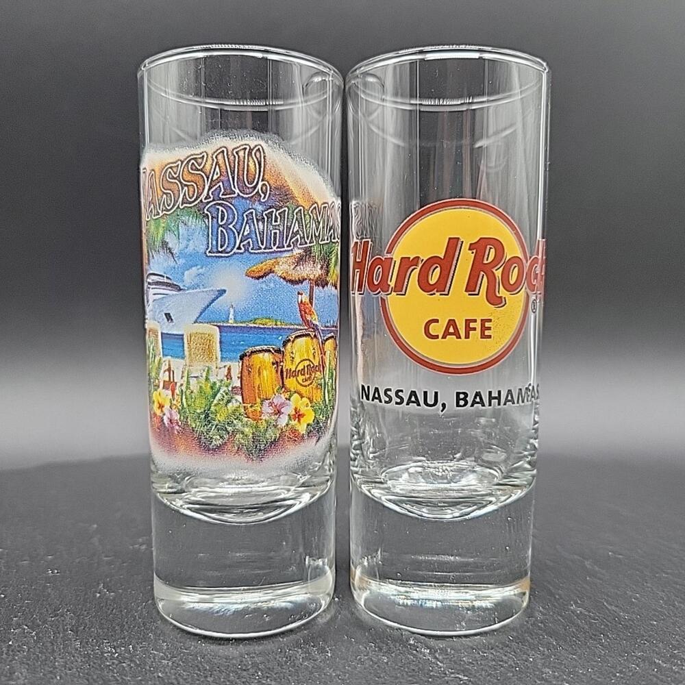 Lot of 2 - Nassau Bahamas - Hard Rock Cafe Shot Glasses Shooters 4" Tall